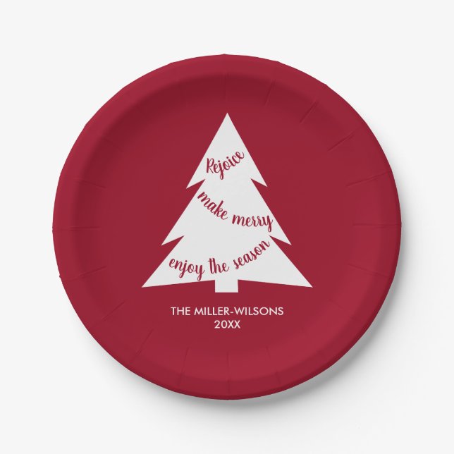 Maroon White Christmas Tree Name Holiday Party Paper Plate (Front)