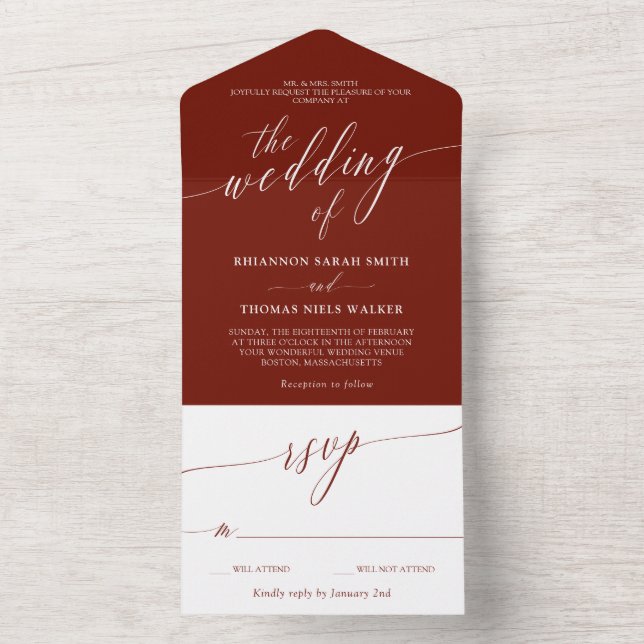 Maroon White Delicate Calligraphy Wedding All In One Invitation (Inside)
