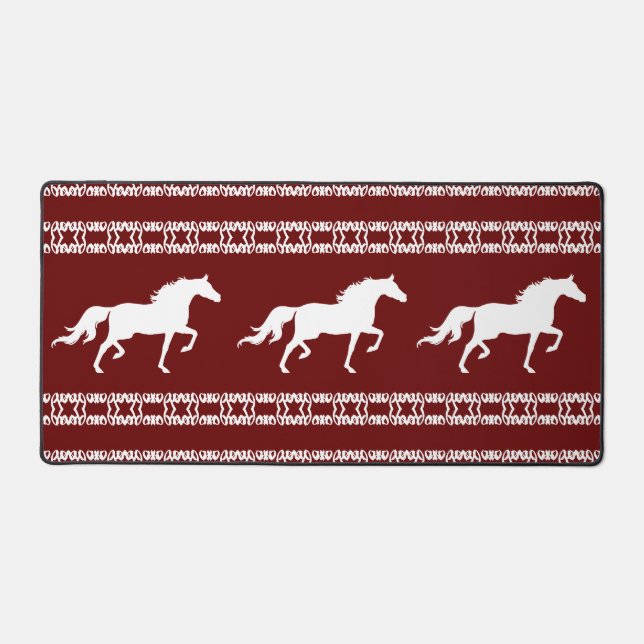 Maroon & White Geometric Pattern & Horses Desk Mat (Front)