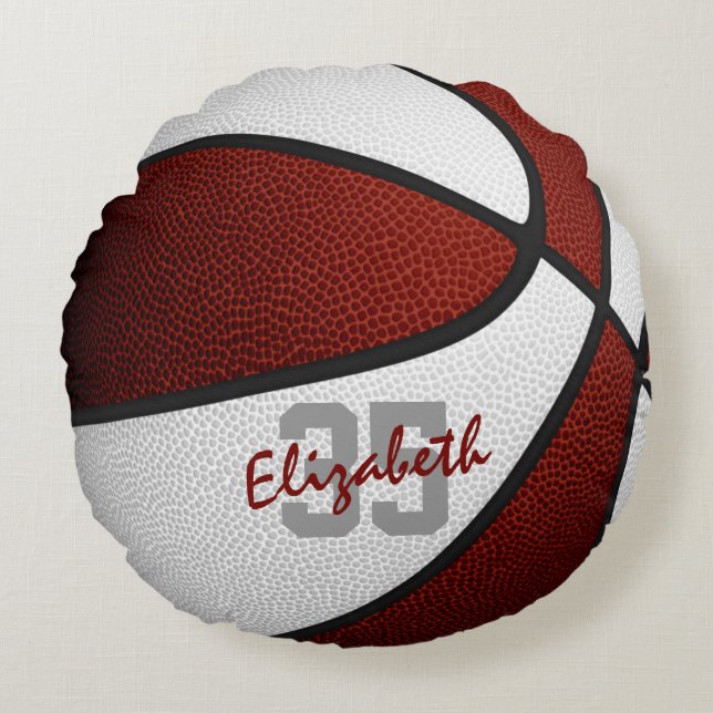 maroon white girls boys sporty basketball round cushion (Front)