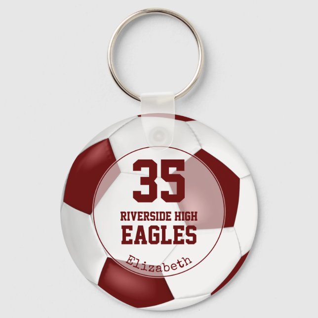 maroon white  girls' soccer school team colours key ring (Front)