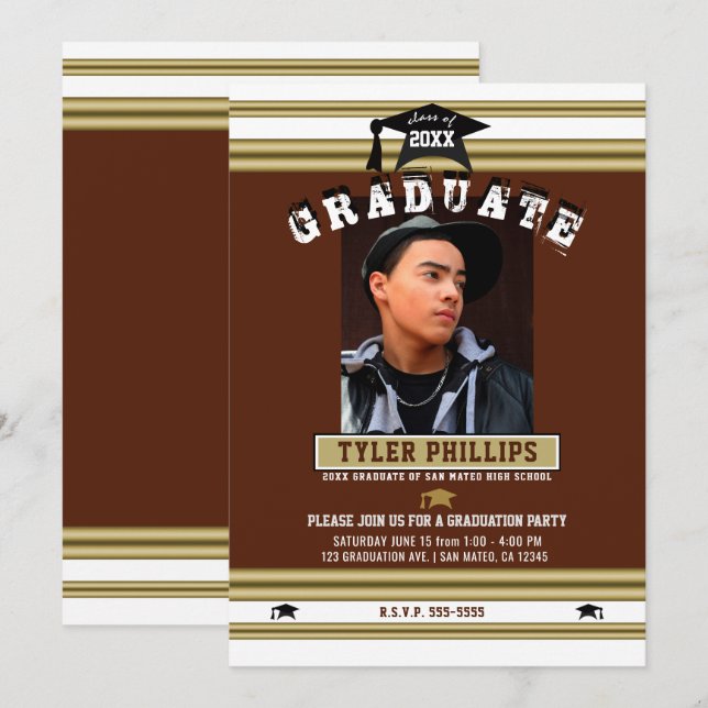 Maroon White & Gold Graduation Photo Party  Invitation (Front/Back)