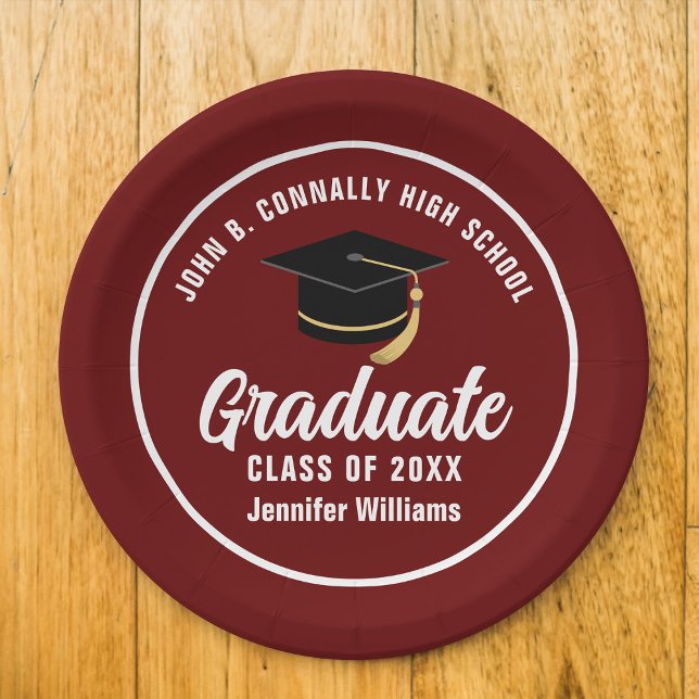 Maroon White Graduate Custom 2025 Graduation Party Paper Plate (Creator Uploaded)
