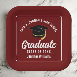 Maroon White Graduate Graduation Party Square Paper Plate