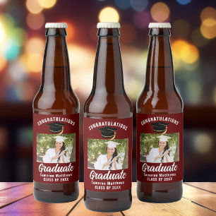 Maroon White Graduate Photo 2026 Graduation Party Beer Bottle Label