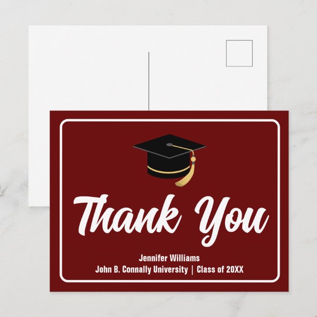 Maroon White Graduation Personalised Thank You Postcard (Front/Back)