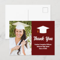 Maroon White Graduation Photo Custom Thank You