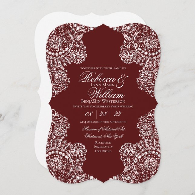 Maroon White Lace Elegant Vintage Wedding Invitation (Front/Back)
