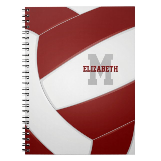 Maroon white personalised girls boys volleyball notebook (Front)