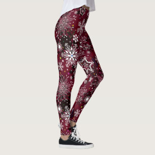 Maroon white snowflake pattern Christmas leggings