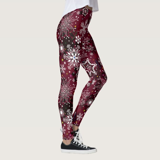 Maroon white snowflake pattern Christmas leggings (Right)