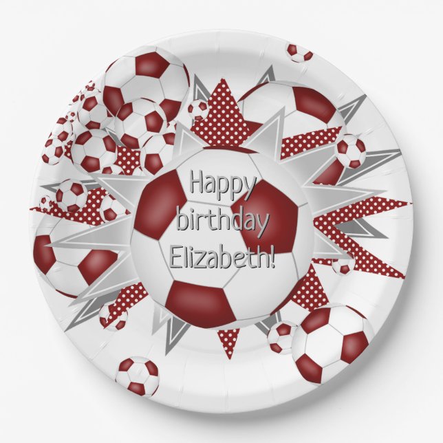 Maroon white soccer balls stars birthday  paper plate (Front)