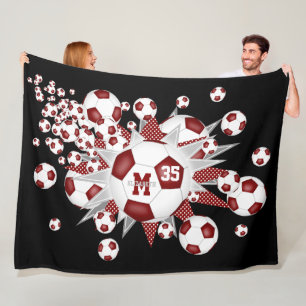 maroon white soccer balls stars girls name fleece blanket