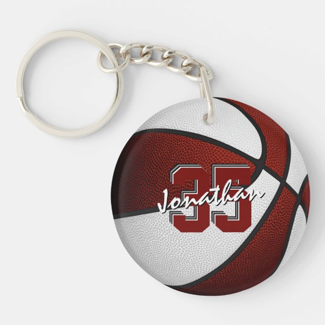 maroon white team colours boys girls basketball key ring (Front)