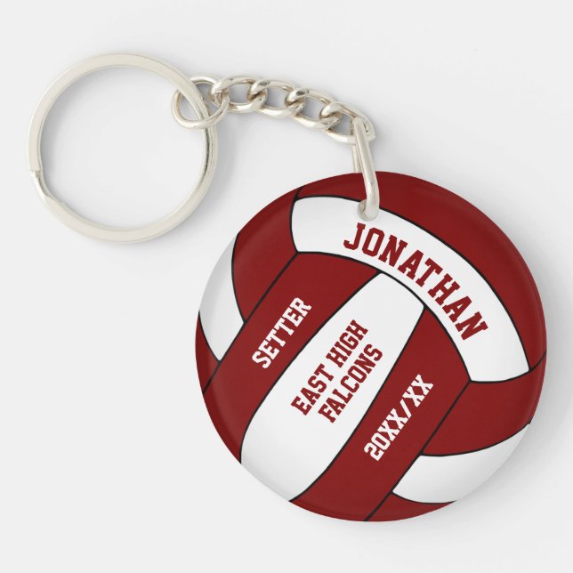 maroon white team colours custom boys volleyball key ring (Front)