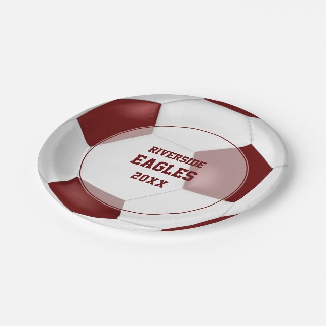 maroon white team colours soccer banquet paper plate (Angled)