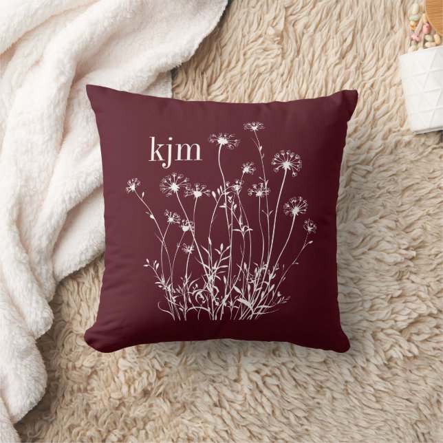 Maroon & White Wildflowers Monogram Cushion (Blanket)