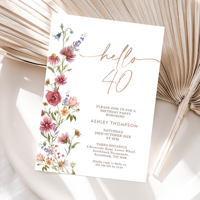 Maroon Wildflower Hello 40 Fortieth Birthday Invitation (Wildflower 40th Birthday Invitation Women, Hello Forty Editable Invitation Template, Boho 40th )