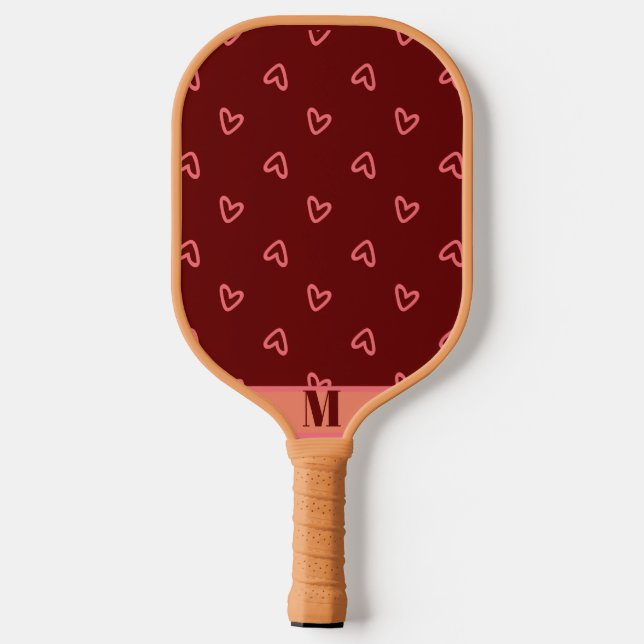 Maroon with Pink Hearts Modern Monogram Pickleball Paddle (Back)