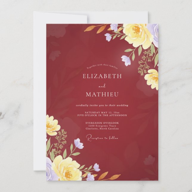 Maroon Yellow Petal Wedding Invitation (Front)