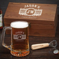 Marquee Wooden Box With Bottle Opener & Beer Mug