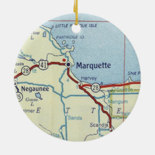 Marquette MI Old Map Ceramic Tree Decoration