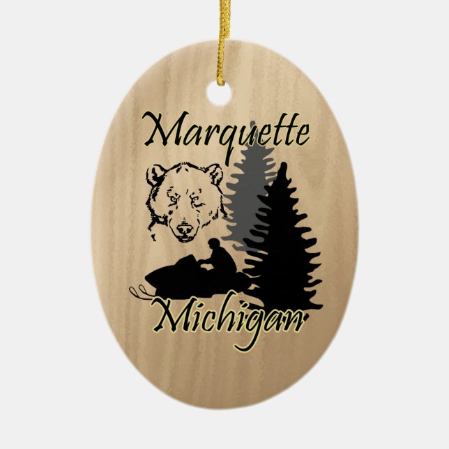 Marquette Michigan Snowmobile Bear Ceramic Ceramic Tree Decoration (Front)