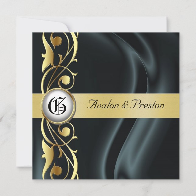 Marquis Black Silk Gold Scroll Pearl Invitation (Front)