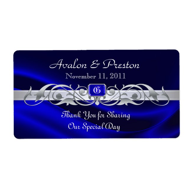 Marquis Blue Silk Silver Scroll Wine Wedding Label (Front)