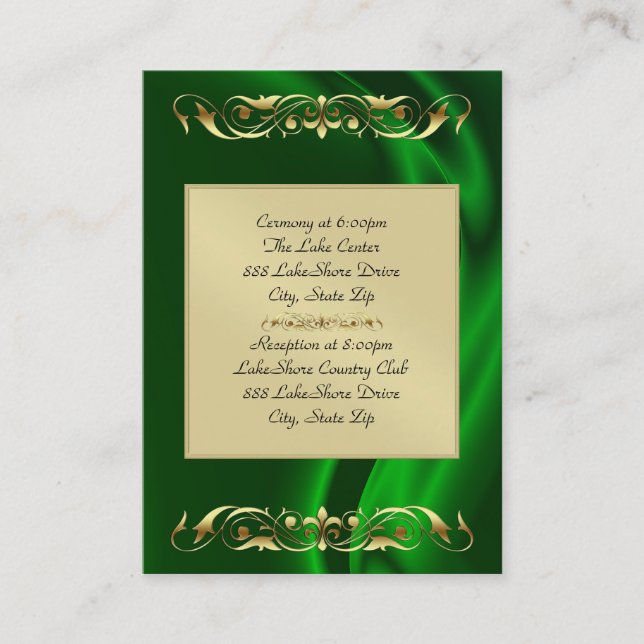 Marquis Green Silk Gold Guest Info Business Card (Front)