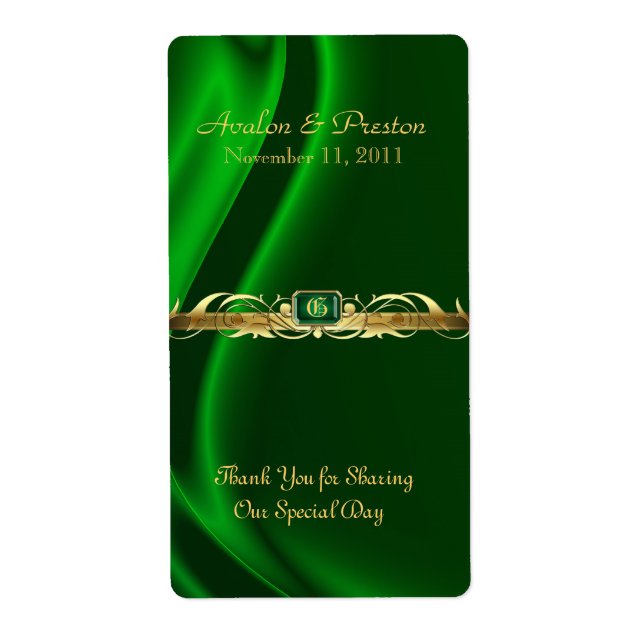Marquis Green Silk Gold Scroll Wine Wedding Label (Front)