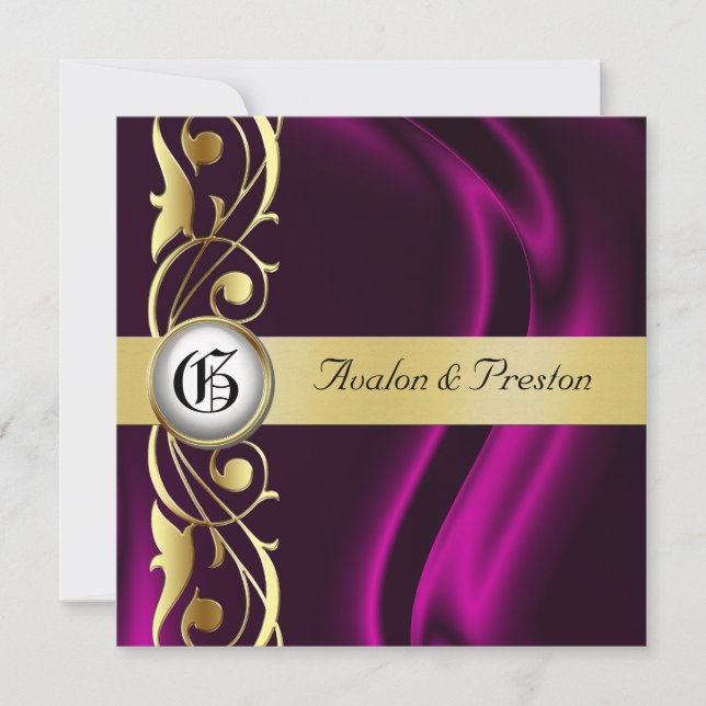 Marquis Pink Silk Gold Scroll Pearl Invitation (Front)