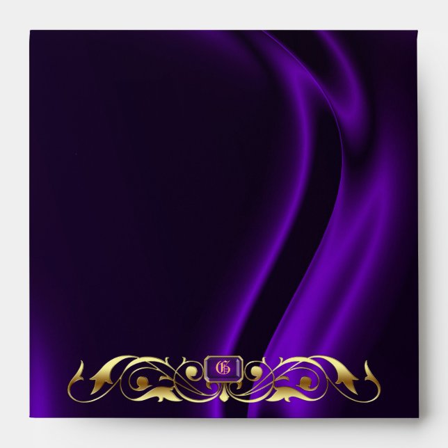 Marquis Purple Silk Gold Scroll Monogram Envelope (Front)