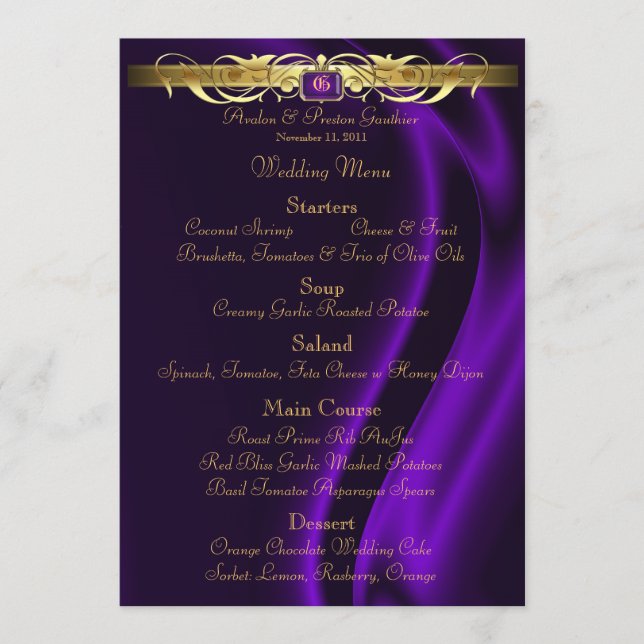 Marquis Purple Silk Gold Scroll Wedding Menu (Front)