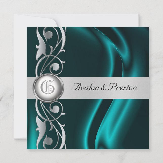 Marquis Teal Silk Silver Scroll Pearl Invitation (Front)