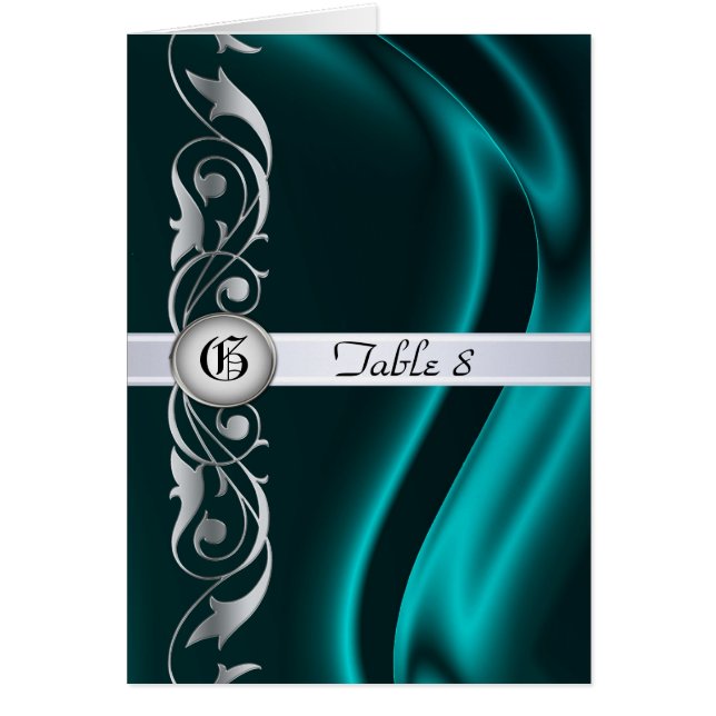 Marquis Teal Silk Silver Scroll Table Card (Front)