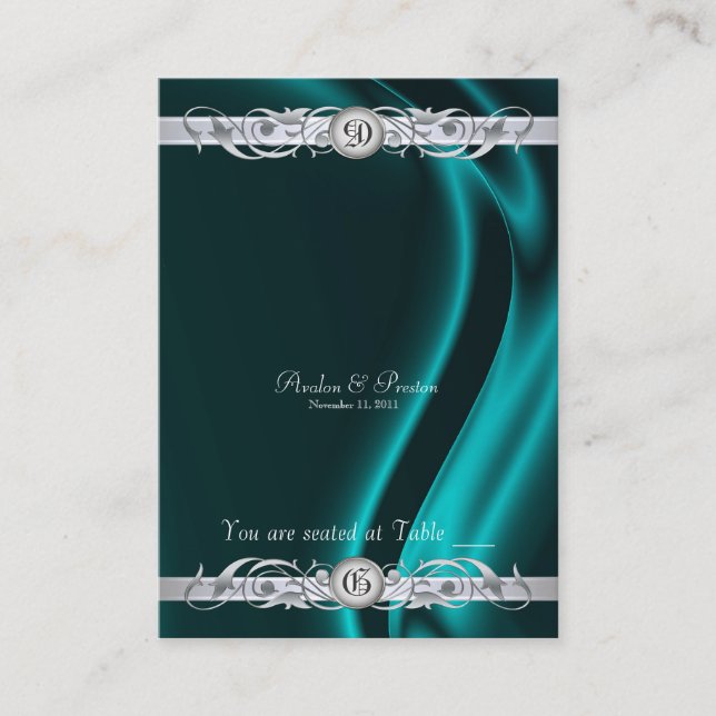 Marquis Teal Silk Silver Scroll Table Placecard (Front)
