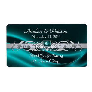 Marquis Teal Silk Silver Scroll Wine Wedding Label