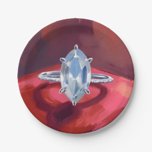 Marquise Diamond Engagement Ring Red Watercolor Paper Plate