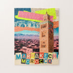 Marrakech Morocco Travel Koutoubia Vintage Skyline Jigsaw Puzzle<br><div class="desc">Marrakech Morocco — where the Koutoubia Mosque minaret rises above a terracotta medina skyline, framed by the snow-capped Atlas Mountains. This retro vintage travel art captures the iconic North Africa landmarks and cityscape in a bold pop art collage style, layering mixed media textures, ink splatter accents, and cutout typography to...</div>