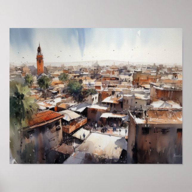 Marrakech Morocco Watercolor Art Print Poster (Front)