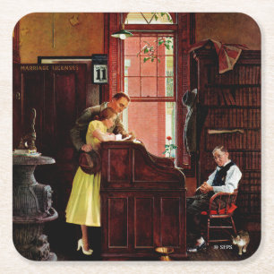 Marriage License by Norman Rockwell Square Paper Coaster
