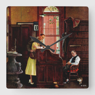 Marriage License by Norman Rockwell Square Wall Clock