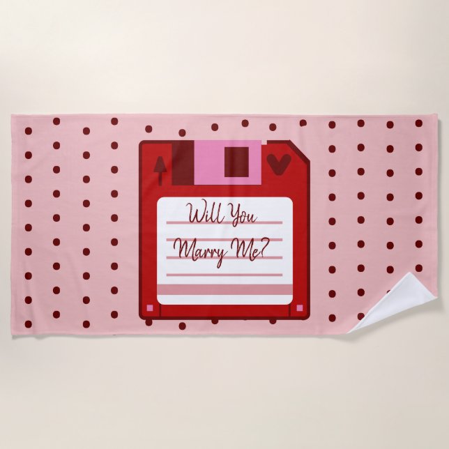 Marriage Proposal Floppy Disc Cute 70s Beach Towel (Front)