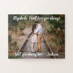 Marriage Proposal Marry Me Photo White Script Easy Jigsaw Puzzle<br><div class="desc">Make your marriage proposal romantic and memorable with a unique "Will You Marry Me" custom photo jigsaw puzzle. Picture and all wording are simple to personalise. (IMAGE PLACEMENT TIP: An easy way to centre a photo exactly how you want is to crop it before uploading to the Zazzle website.) Design...</div>