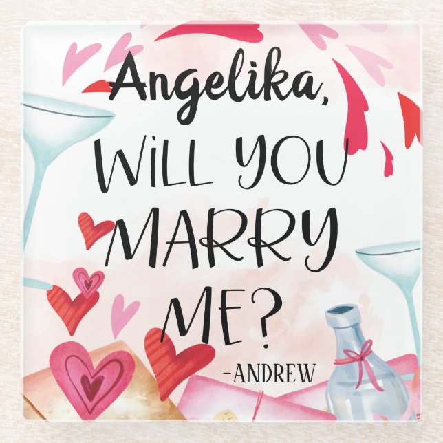 Marriage Proposal | Will You Marry Me? Custom Name Glass Coaster (Front)