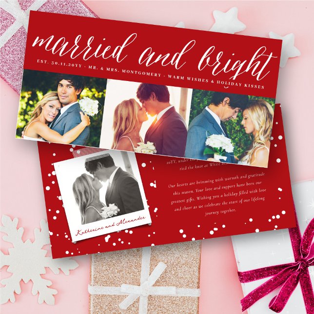 Married And Bright 3 Photo Collage Modern Wedding Holiday Card (Creator Uploaded)
