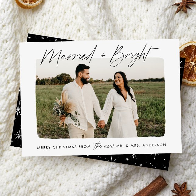 Married and Bright Black Script Photo Holiday Card (Creator Uploaded)