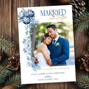 Married and Bright Blue Newlywed Christmas Photo Holiday Card