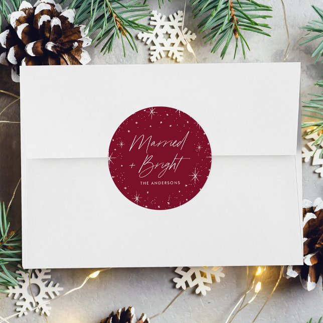 Married and Bright Cranberry Holiday Classic Round Sticker (Creator Uploaded)